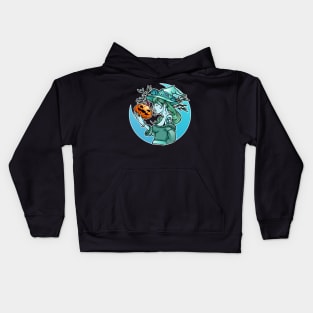 Halloween Cute Witch With Pumpkin and the Moon Blue Kids Hoodie